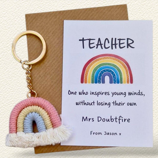 Rainbow Keychain for Teachers Macrame – Appreciation Gift – End of Year Present – Teacher Love Thank You Present - Personalised card