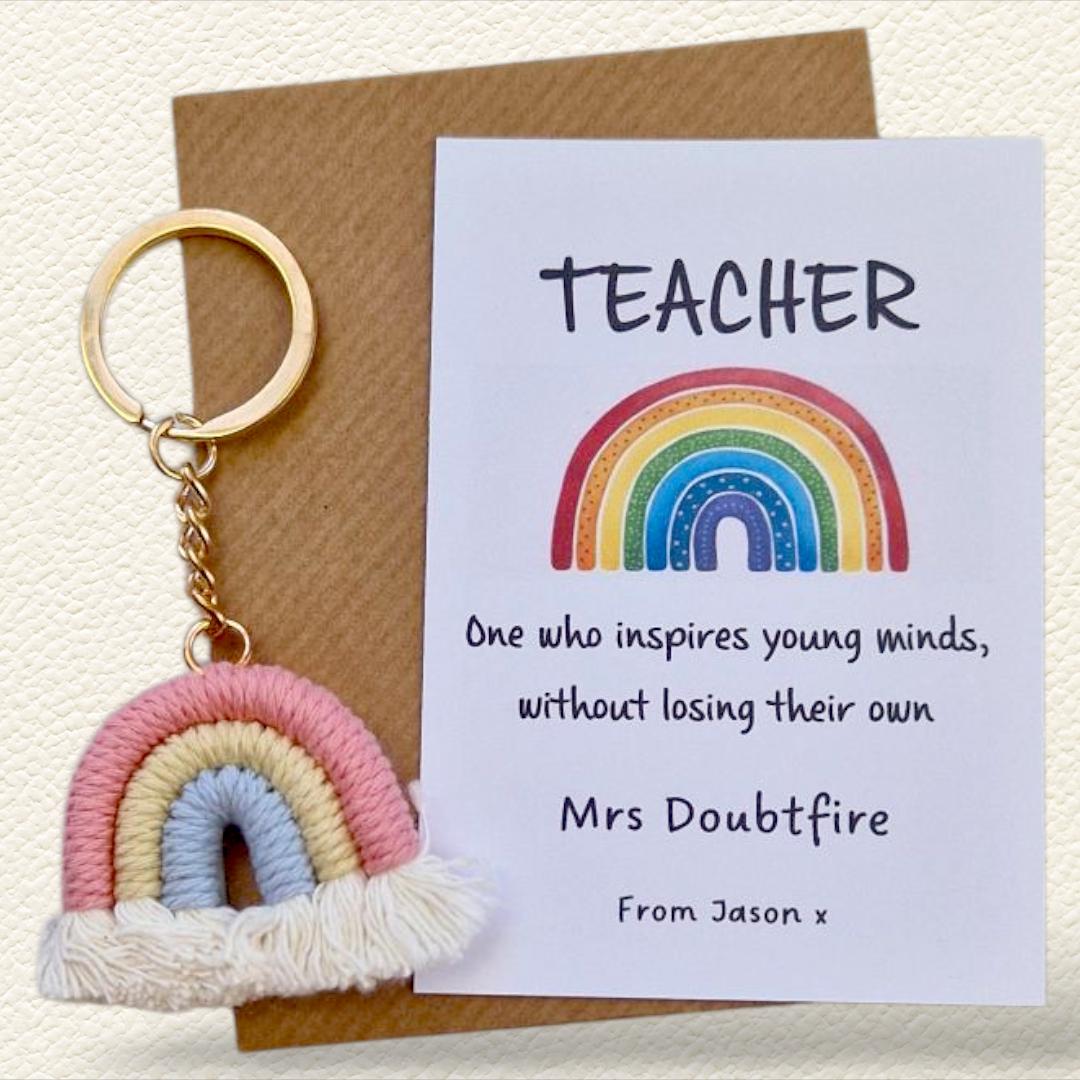 Rainbow Keychain for Teachers Macrame – Appreciation Gift – End of Year Present – Teacher Love Thank You Present - Personalised card