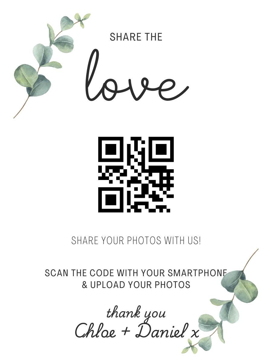 Wedding QR Code Photo Sharing Cards: Personalised Guest Keepsake (A7 Size 7x10 cm) - Share the Love Eucalyptus Design