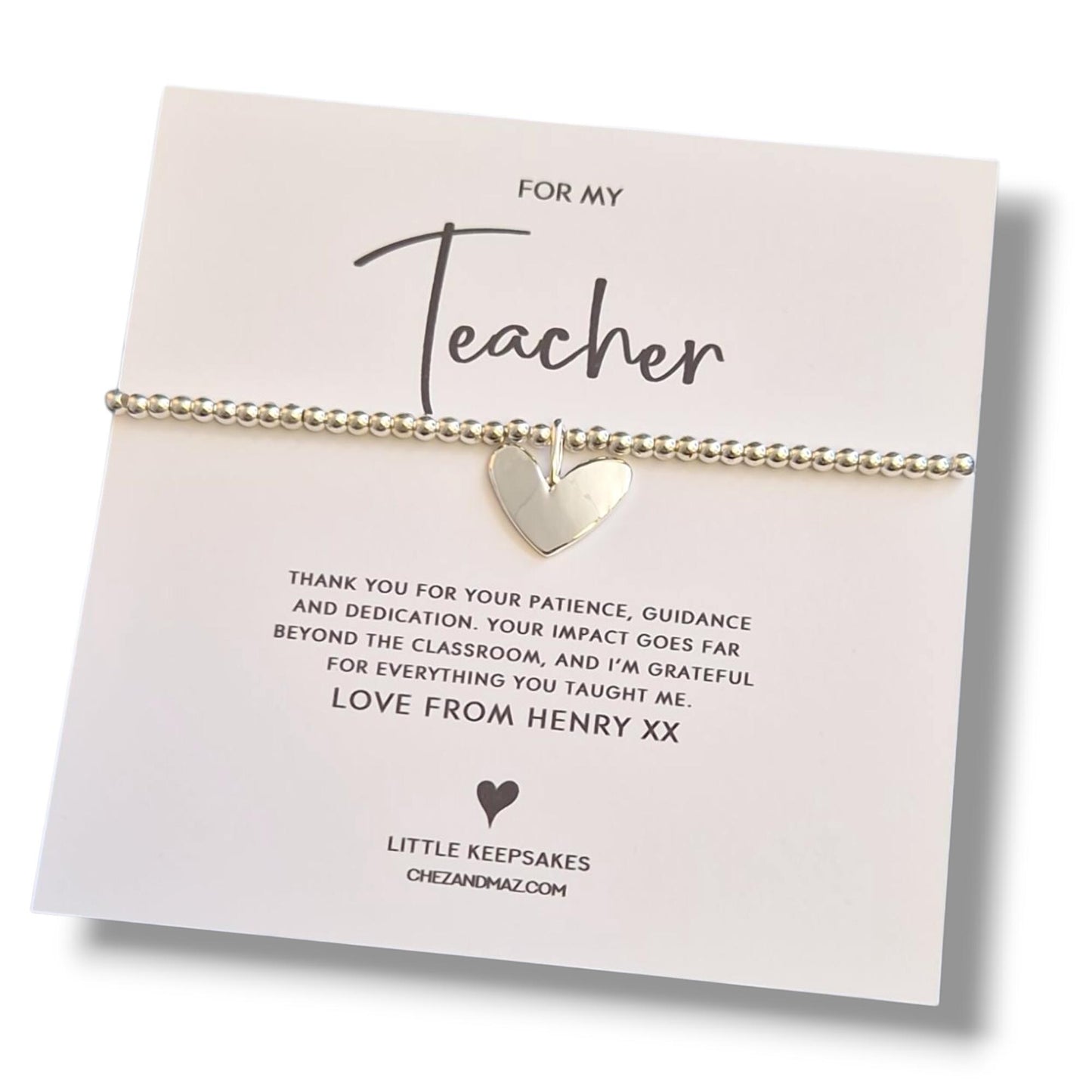 Personalized Teacher Thank You Bracelet: Silver Beaded Charm, Gift for Educators