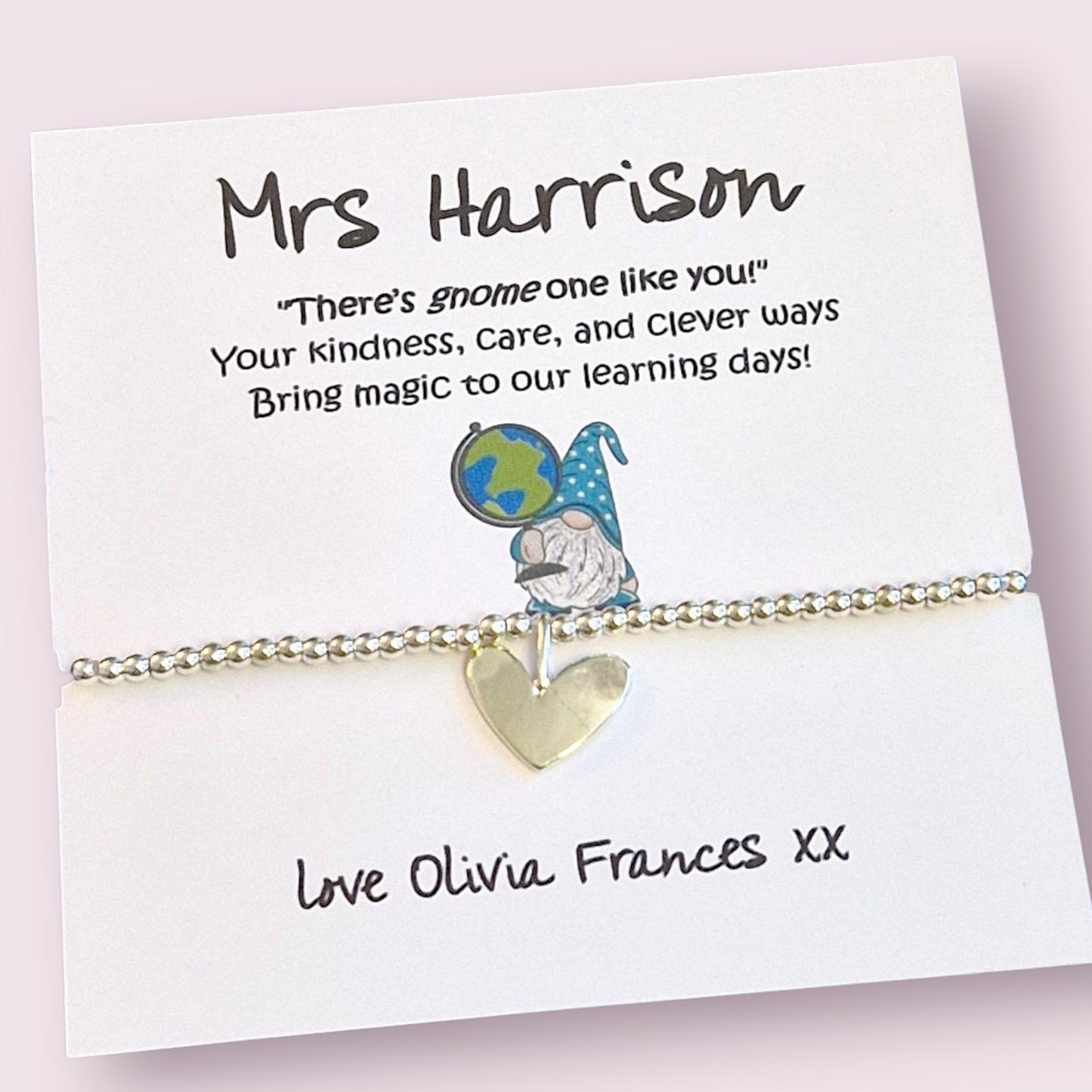 Teacher Thank You Charm Bracelet: Gnome Gift, Silver Plated