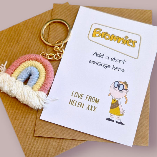 Rainbow Macrame Brownie Keyring: Thank You Gift, Personalized Card, Guiding