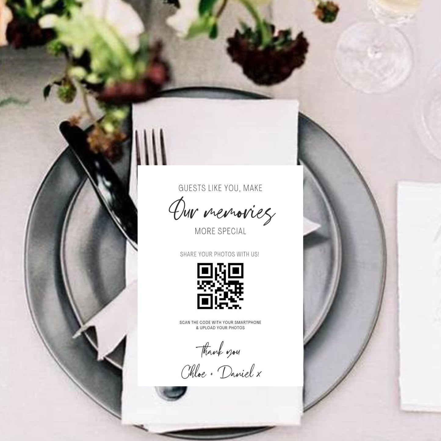 Personalised Wedding Photo Sharing Cards: Custom QR Code, A7 Size. Wedding album photos