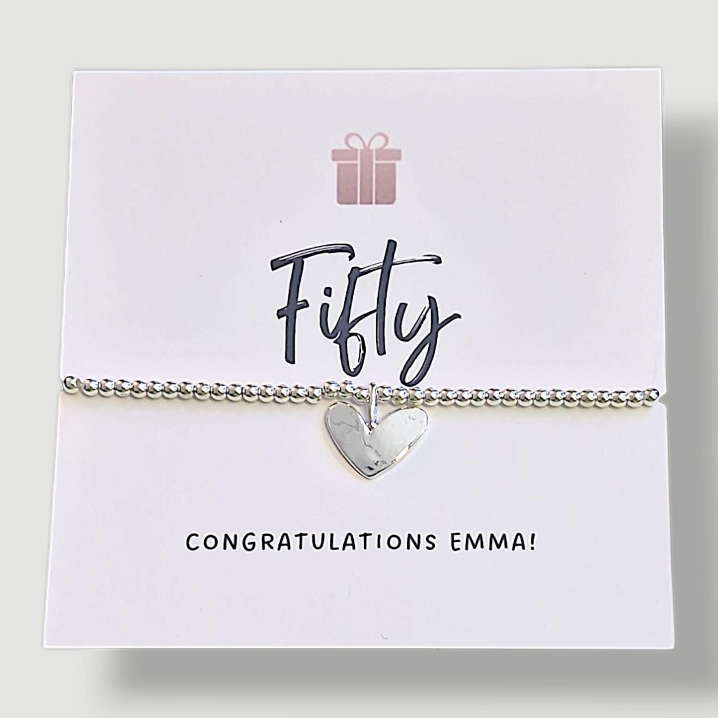 50th Birthday Bracelet: Silver Plated Heart Charm - Fifty - Fiftieth Birthday, Personalised