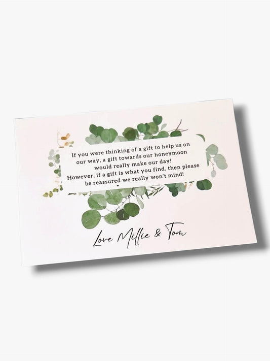 Personalised Wedding Honeymoon Fund Card: Eucalyptus Poem A7 wedding invitation insert