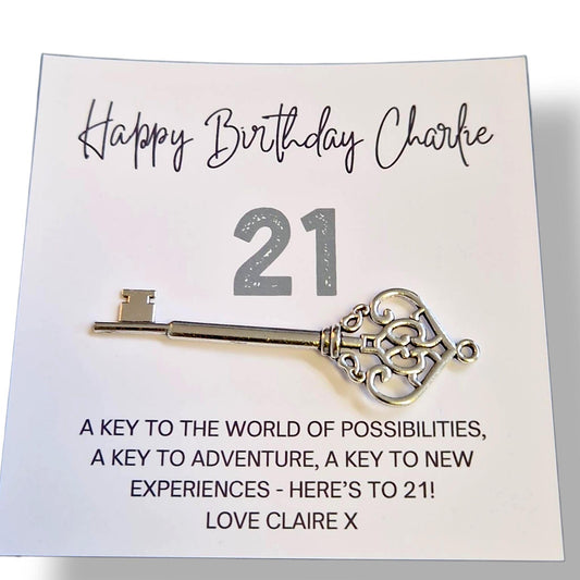 Personalised 21st Birthday Key Card: Keepsake Metal Key, 21, twenty one.