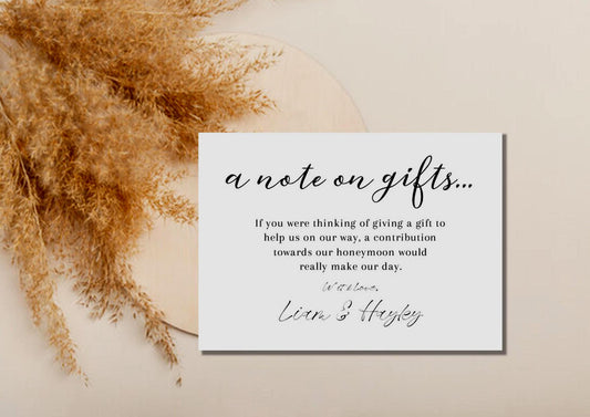 Personalised Note On Gifts Card Insert Template, Modern Minimalist Wedding Invitation Monetary Gift Request Enclosure Honeymoon - note1