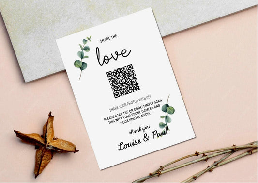 Wedding QR Code Photo Sharing Cards: Personalised Guest Keepsake (A7 Size 7x10 cm) - Share the Love Eucalyptus Design