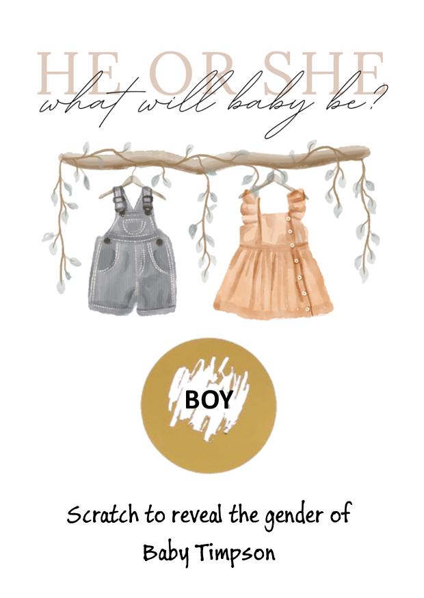 Personalised Gender Reveal Scratch Card: Neutral clothes Theme Baby Shower Game - What will baby be?