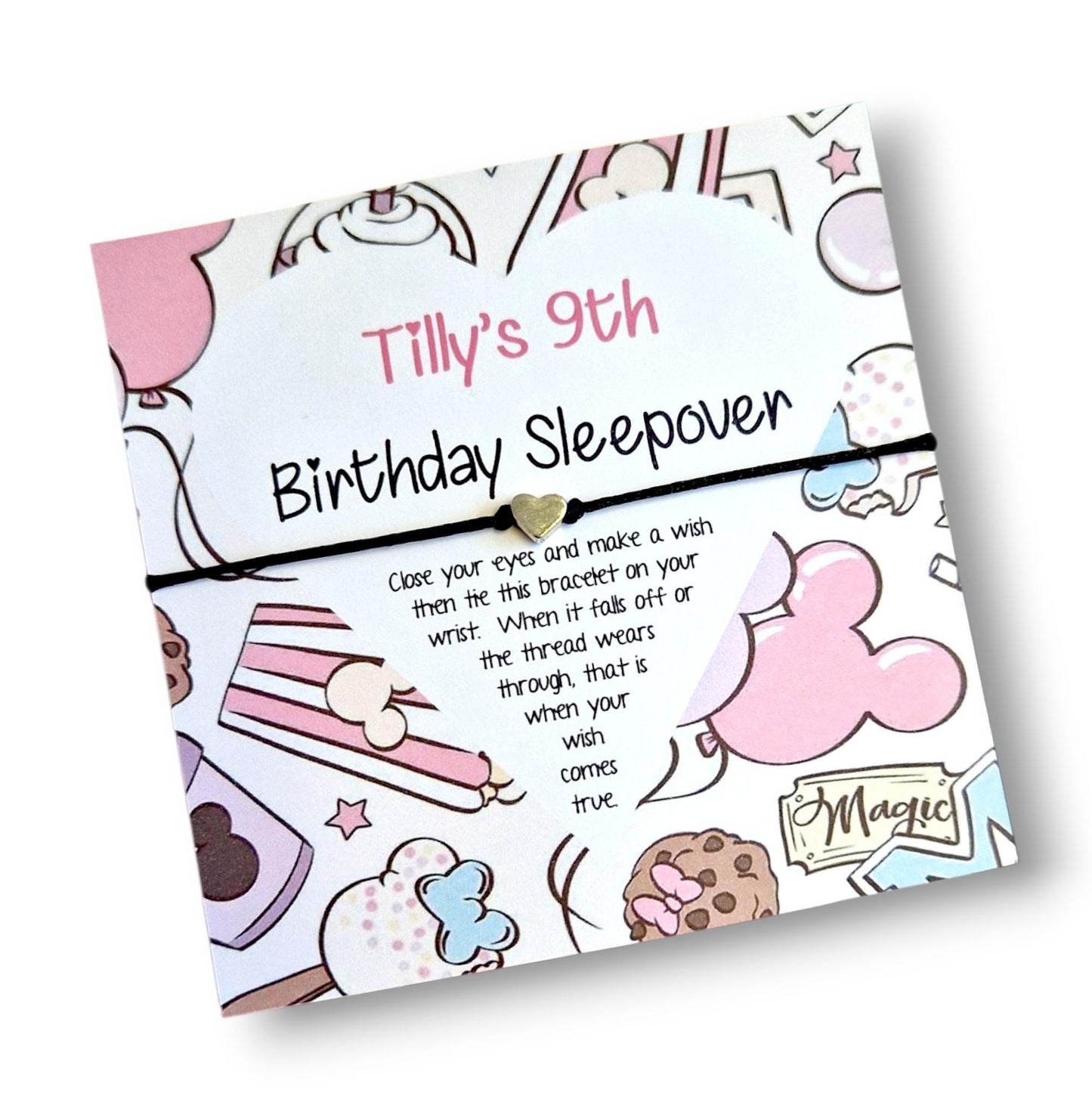 Pack of 10 Disney Sleepover Birthday Wish Bracelet: Personalised Party Favour - Guest Gift - Friends - Pink