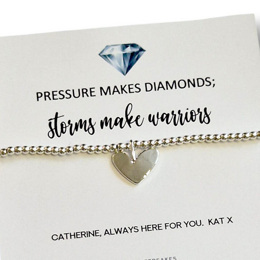 Sentiment Silver Plated Bracelet, Pressure Makes Diamonds Storms Make Warriors Quote Encouragement, Friendship, Thinking Of You Strength