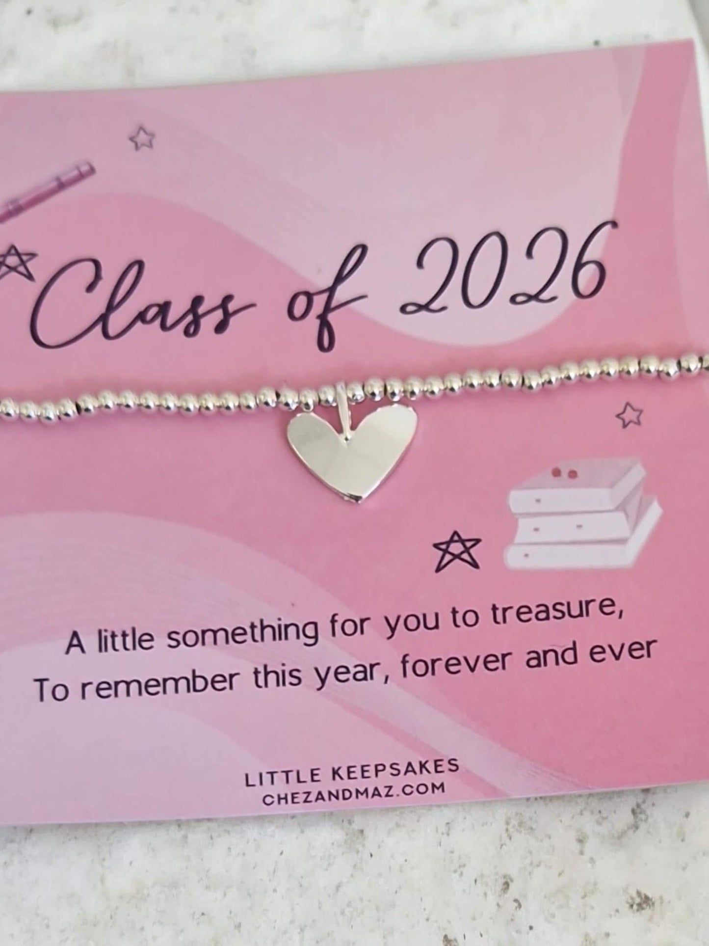 Class of 2026 Bracelet | Graduation Keepsake | Silver Beaded Stretch Bracelet | Heart Charm | End of School