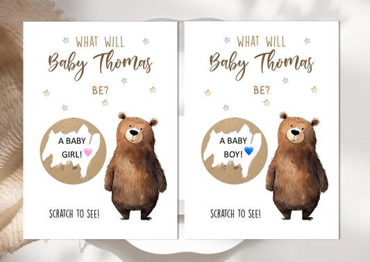 Personalised Gender Reveal Scratch Card: Boy or Girl Baby Shower Game -Cute Bear theme