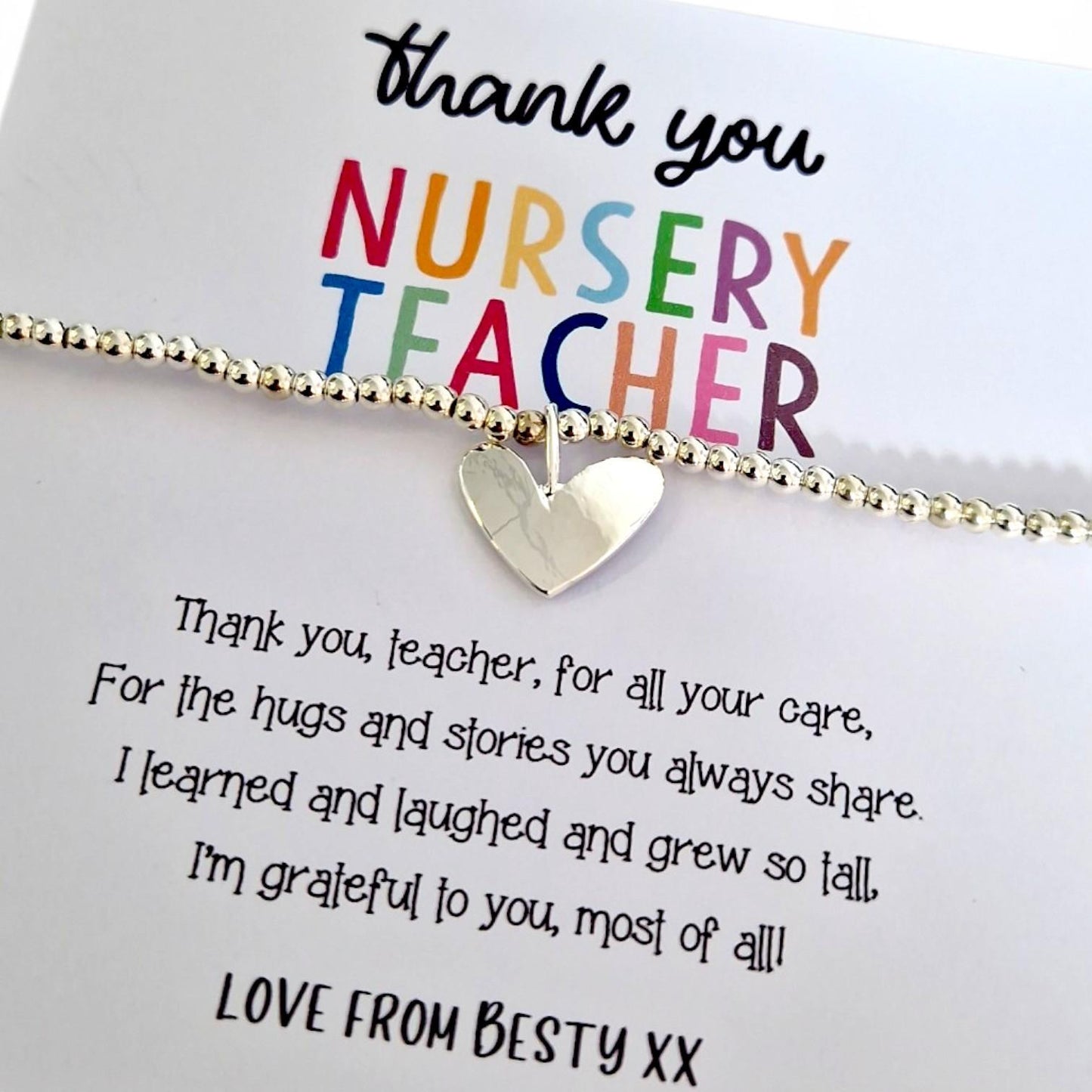 Personalised Nursery Teacher Thank You Bracelet: School - Care, Hugs and story's- Silver Beaded Charm - Appreciation