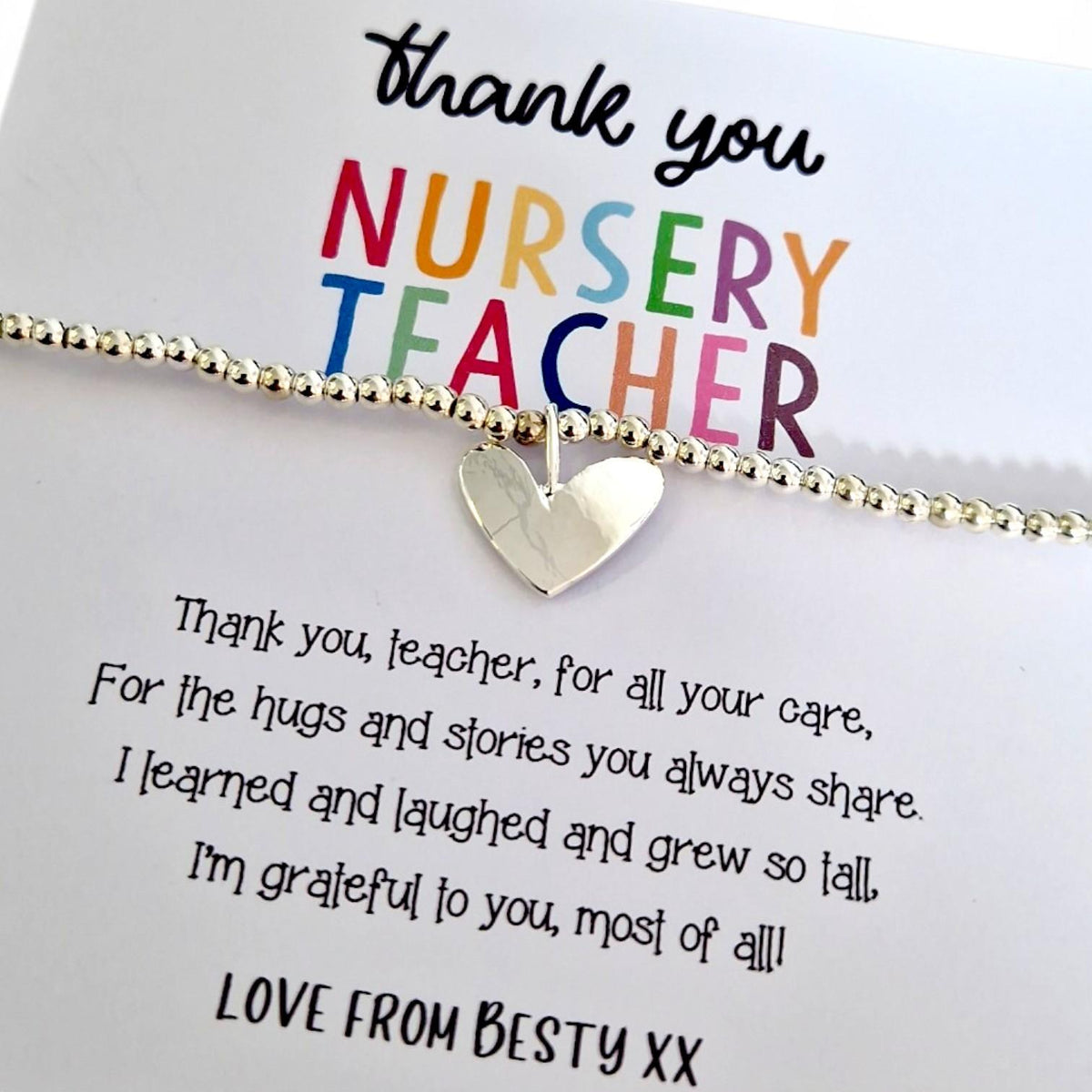 Personalised Nursery Teacher Thank You Bracelet: School - Care, Hugs and story's- Silver Beaded Charm - Appreciation