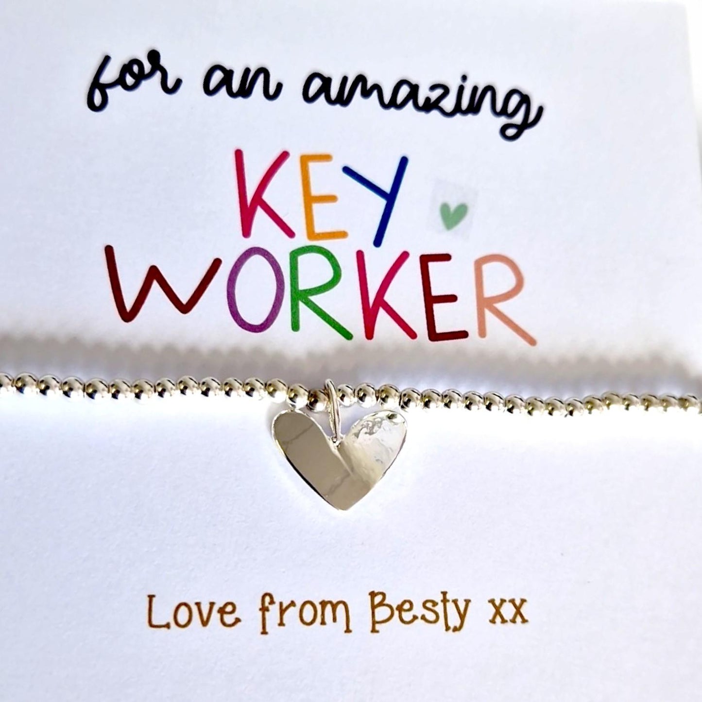 Personalised Keyworker Teacher Thank You Bracelet - Silver Beaded Charm - Appreciation Gift for Teachers - Custom School Thank You Gift