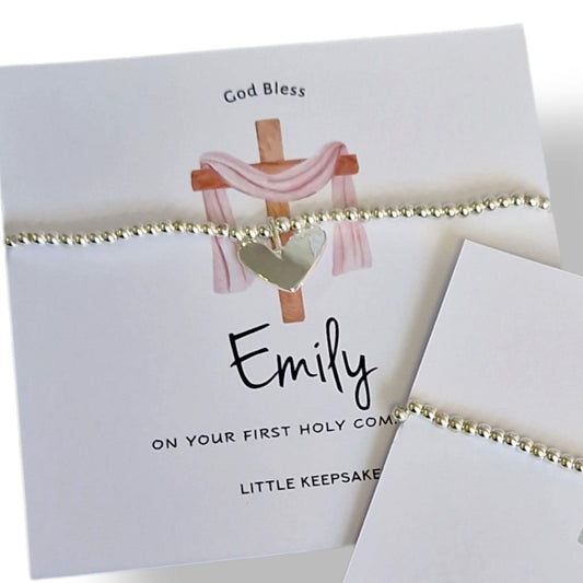 First Holy Communion, Personalised Bracelet: Silver Plated Heart Charm, God, Baptism