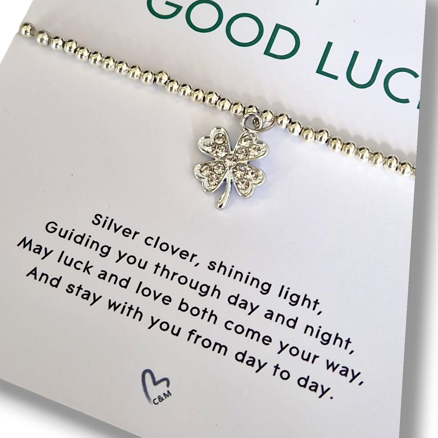 Good Luck Silver Plated Bracelet | Shamrock Charm Bracelet | Lucky Gift for Her | Irish Clover Bracelet | Wish Bracelet | Friendship Gift