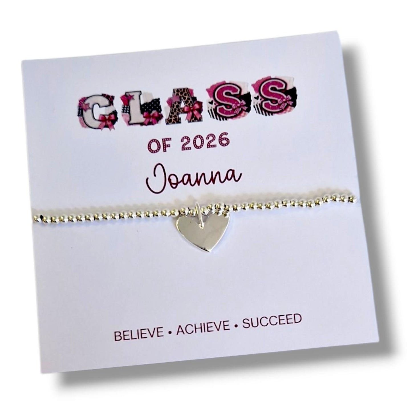 Class of 2026 Bracelet | So Proud of You Gift | Graduation Keepsake | Silver Beaded Stretch Bracelet | Circle or Heart Charm | End of School