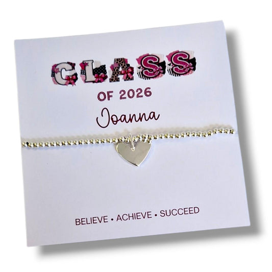 Class of 2026 Bracelet | So Proud of You Gift | Graduation Keepsake | Silver Beaded Stretch Bracelet | Circle or Heart Charm | End of School