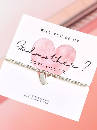 Will You Be My Godmother Bracelet – Silver Plated Heart Charm Bead Bracelet Gift