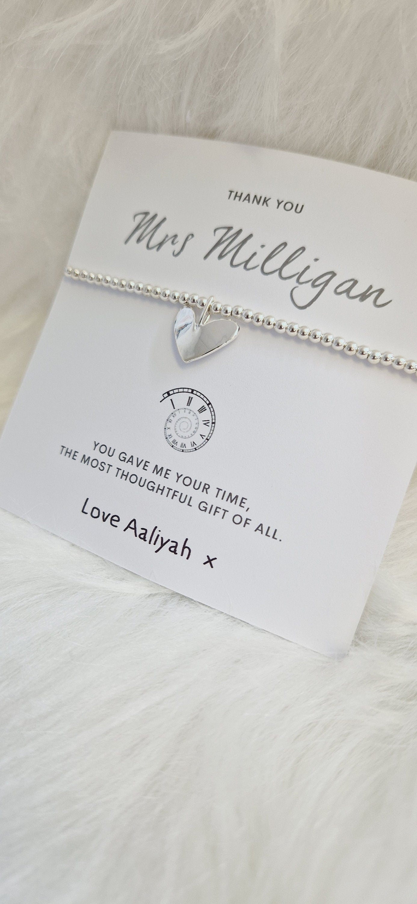 Personalised Teacher Thank You Gift: Silver Beaded Charm Bracelet - You gave me your time - SENCO,