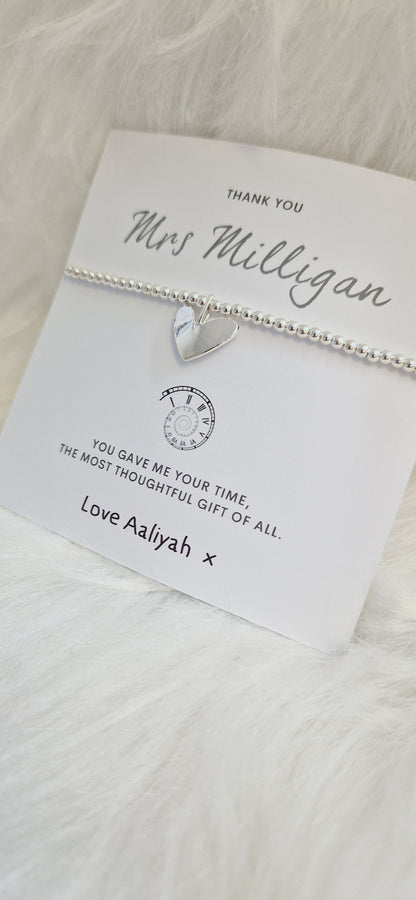 Personalised Teacher Thank You Gift: Silver Beaded Charm Bracelet - You gave me your time - SENCO,