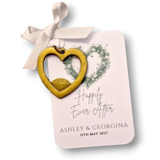 Wedding Favour Heart Key Metal Keyring Happily Ever After with Personalised Tag, Key Shaped Keychain Guest Gift, Thank You Wedding Favour