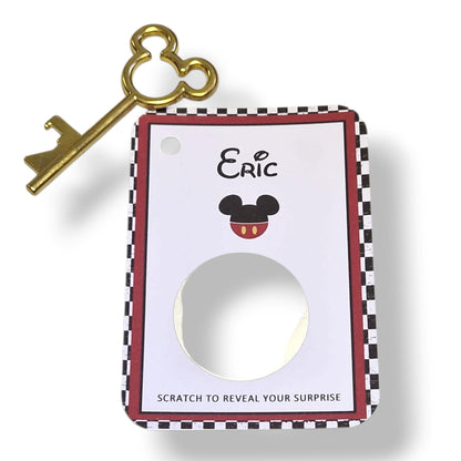 Disneyland Paris, Disneyworld, Surprise Reveal Scratch Off – Metal Mickey Key Holiday Announcement, Magical Gift, Christmas, Birthday