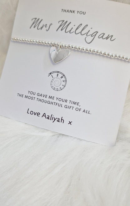 Personalised Teacher Thank You Gift: Silver Beaded Charm Bracelet - You gave me your time - SENCO,