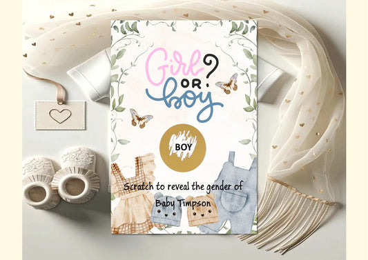 Personalised Gender Reveal Scratch Card: What will baby be?Neutral colours - Shower Game