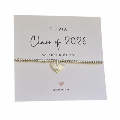 Class of 2026 Bracelet | So Proud of You Gift | Graduation Keepsake | Silver Beaded Stretch Bracelet | Acrylic Heart Charm | End of School