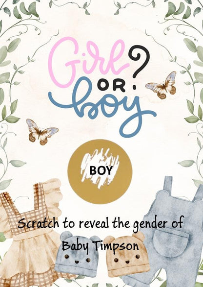 Personalised Gender Reveal Scratch Card: What will baby be?Neutral colours - Shower Game