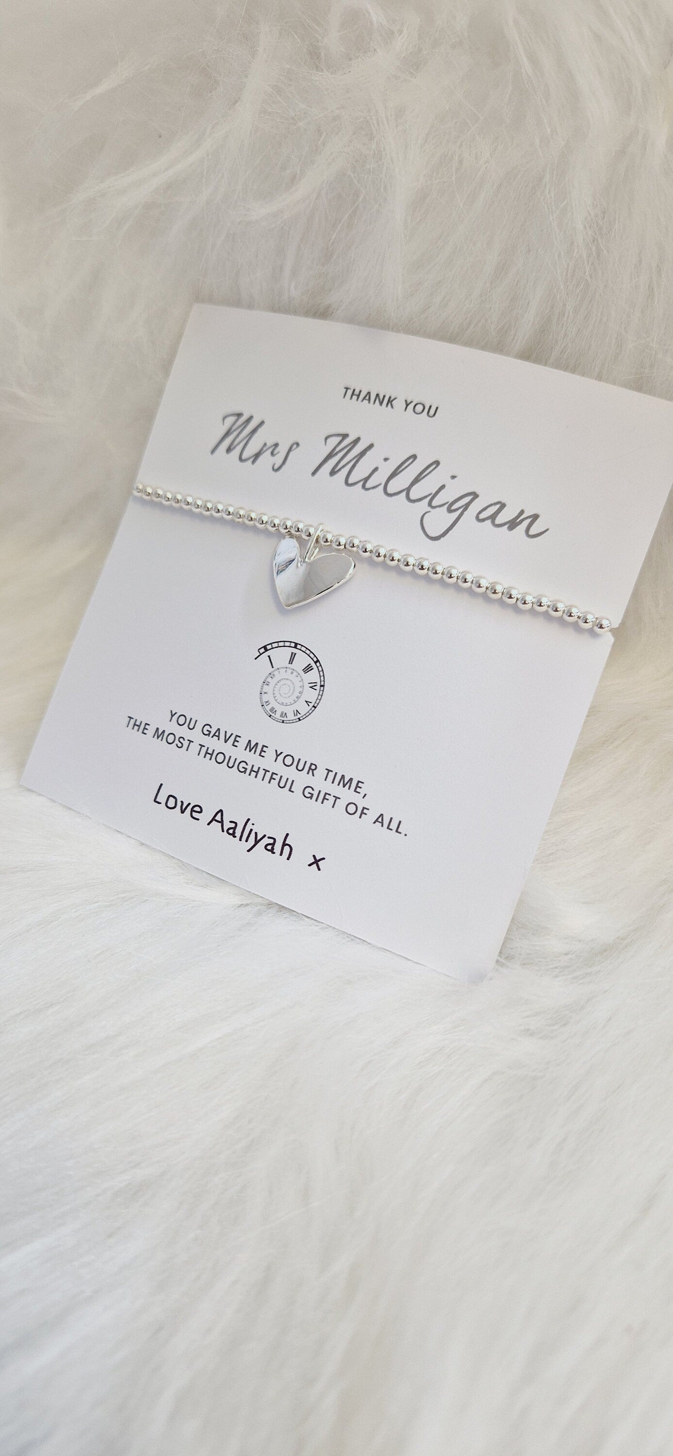 Personalised Teacher Thank You Gift: Silver Beaded Charm Bracelet - You gave me your time - SENCO,