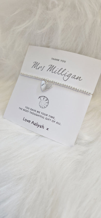 Personalised Teacher Thank You Gift: Silver Beaded Charm Bracelet - You gave me your time - SENCO,
