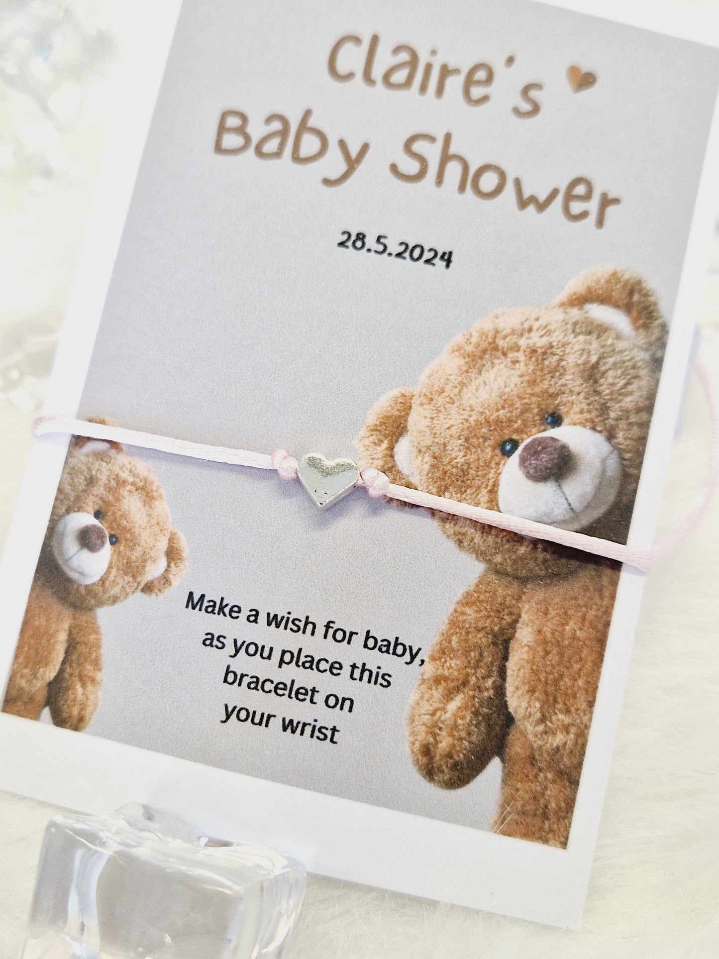 Teddy Bear Personalised Baby Shower Wish Bracelet, Mummy to Be, Charm String Bracelet, Personalised Gift - Gender Reveal -678