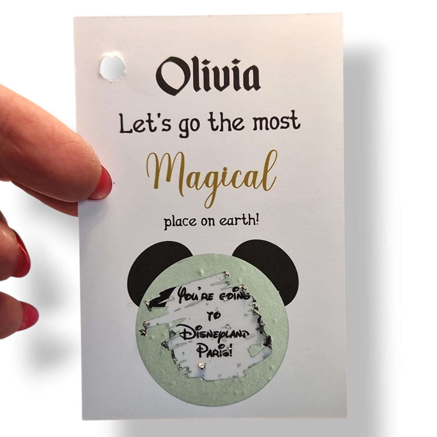 Disneyland Paris, Disneyworld, Surprise Reveal Scratch Off – Metal Mickey Key Holiday Announcement, Magical Gift, Christmas, Birthday