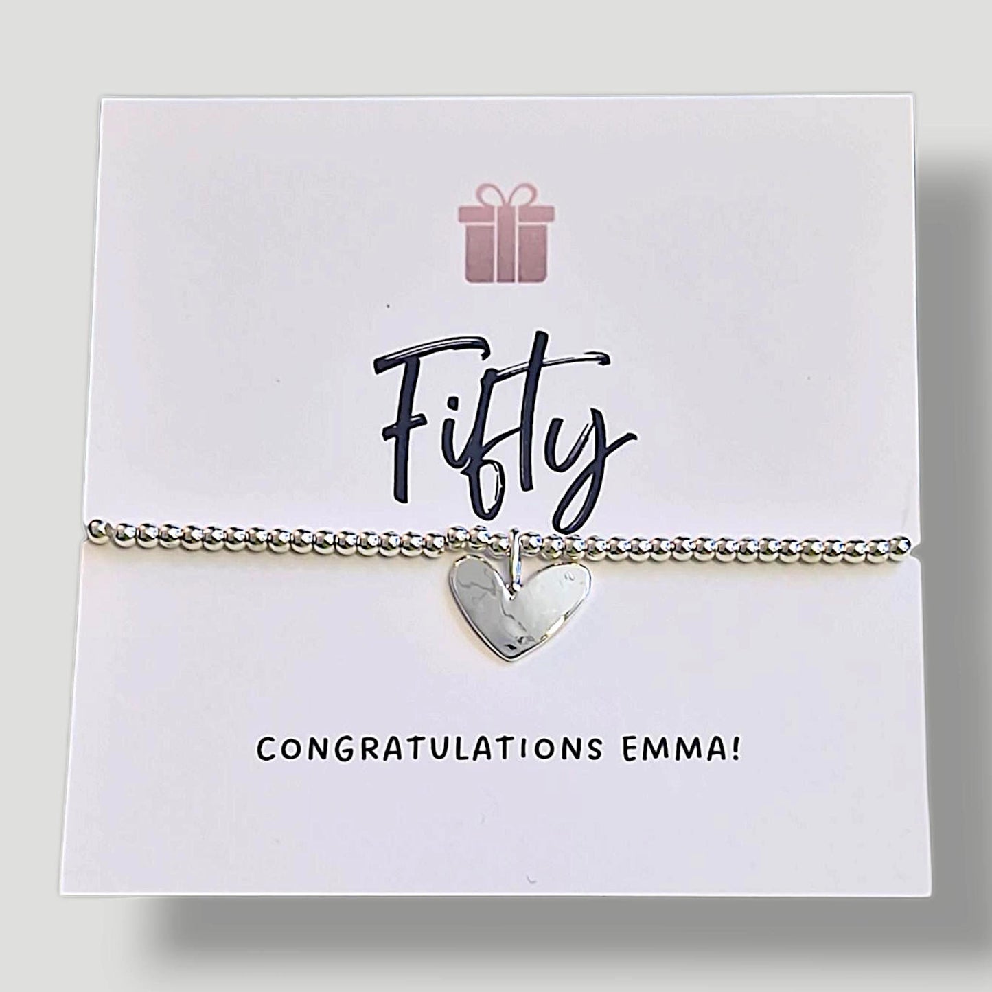 Personalized 50th Birthday Bracelet: Silver Plated Heart Charm - Fifty - Fiftieth Birthday