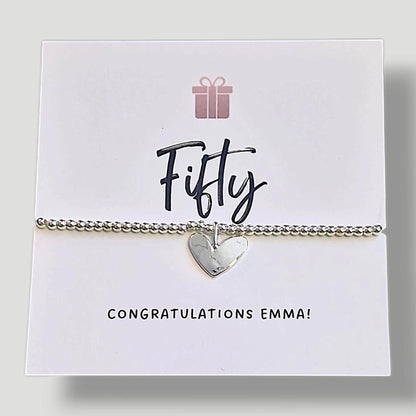 Personalized 50th Birthday Bracelet: Silver Plated Heart Charm - Fifty - Fiftieth Birthday