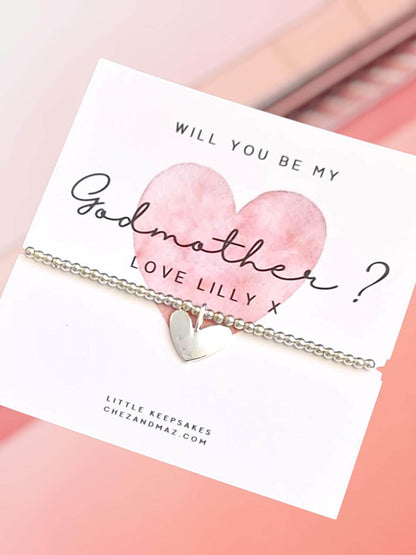 Will You Be My Godmother Bracelet – Silver Plated Heart Charm Bead Bracelet Gift