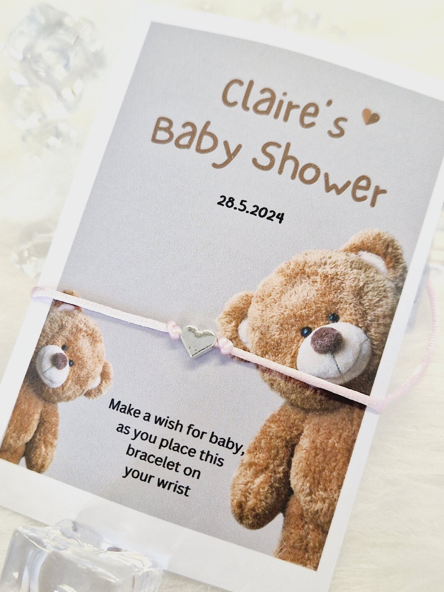 Teddy Bear Personalised Baby Shower Wish Bracelet, Mummy to Be, Charm String Bracelet, Personalised Gift - Gender Reveal -678