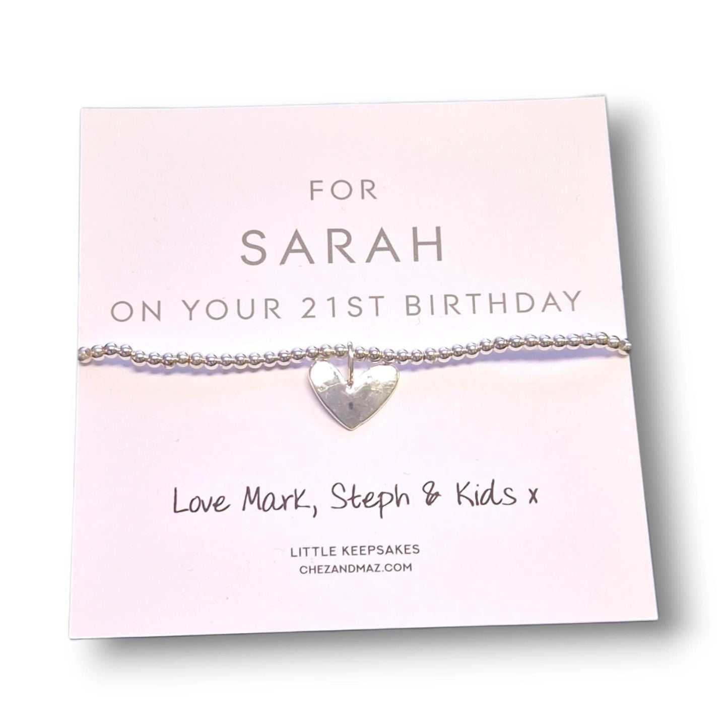 Personalised 21st Birthday Charm Bracelet: Silver Heart Keepsake, 21, twenty one, 21st gift