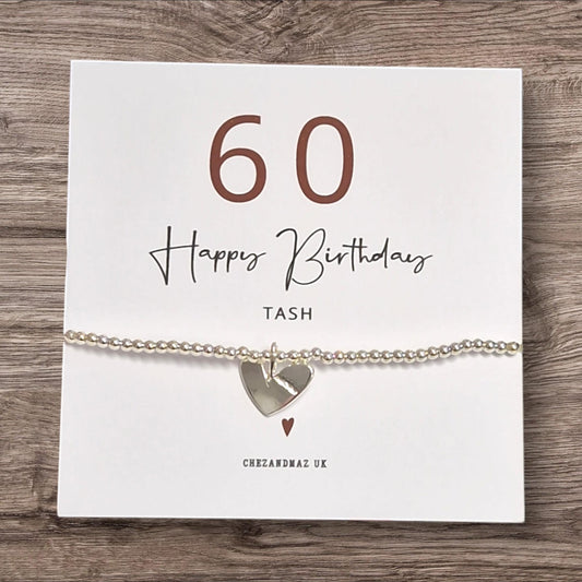 Personalized 60th Birthday Bracelet: Silver Plated Heart Charm