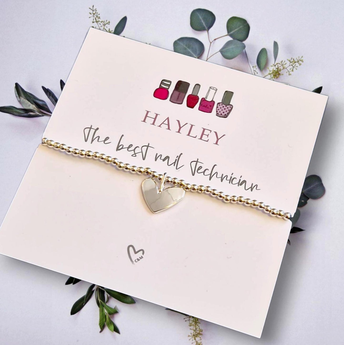 Nail Technician Gift: Silver Plated Bracelet with Silver Heart Charm - Christmas - Birthday
