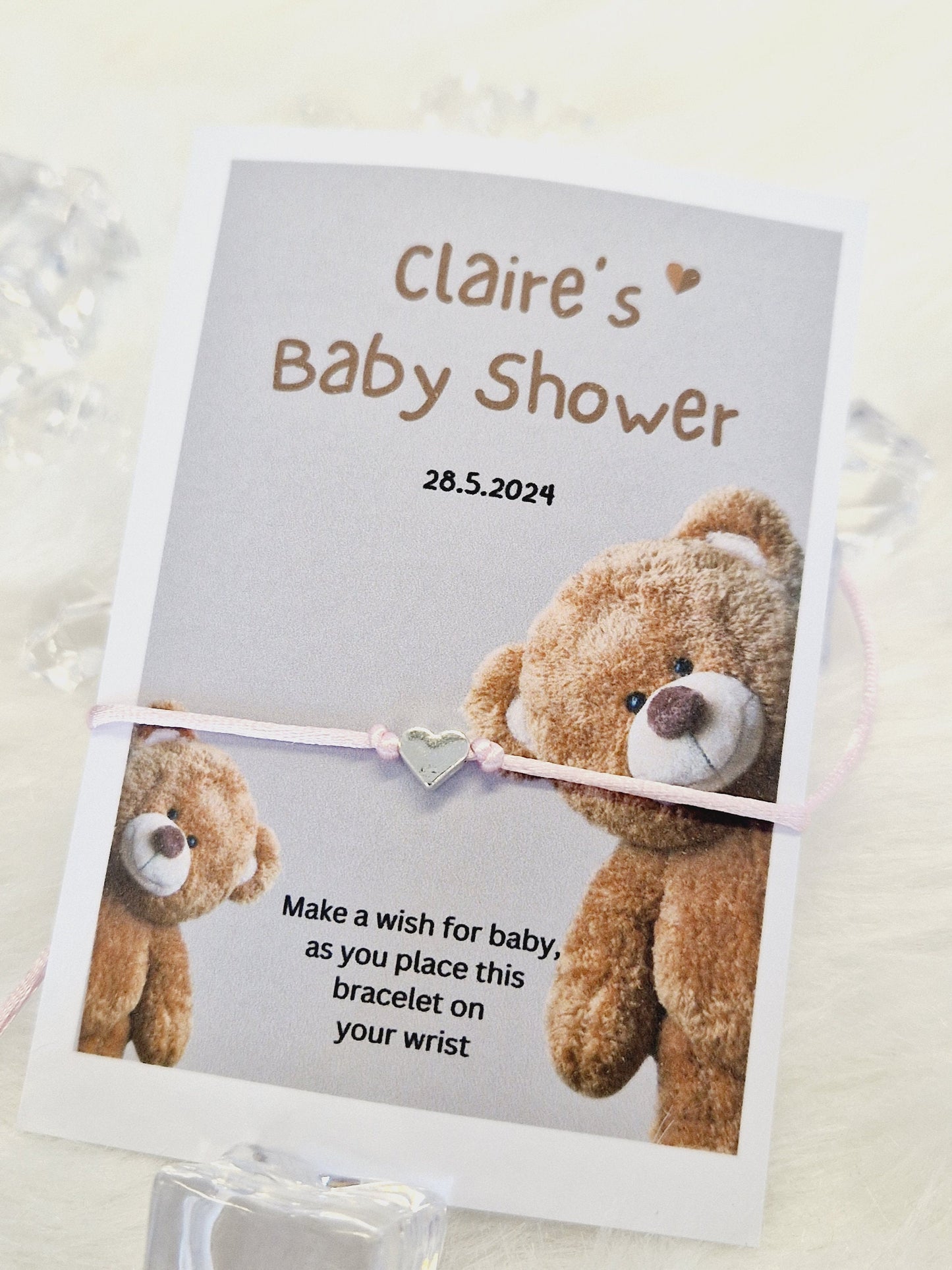 Teddy Bear Personalised Baby Shower Wish Bracelet, Mummy to Be, Charm String Bracelet, Personalised Gift - Gender Reveal -678