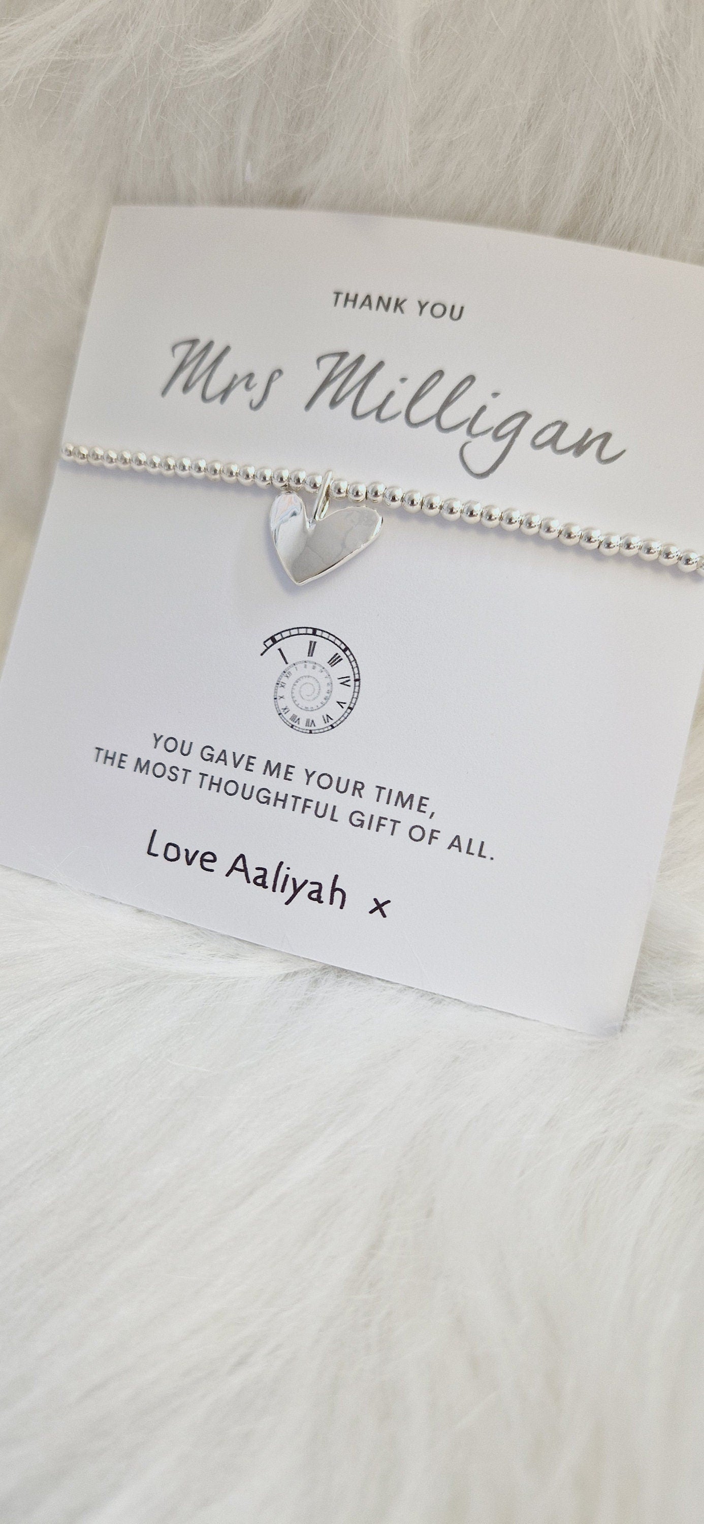 Personalised Teacher Thank You Gift: Silver Beaded Charm Bracelet - You gave me your time - SENCO,
