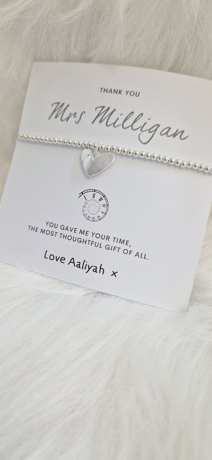 Personalised Teacher Thank You Gift: Silver Beaded Charm Bracelet - You gave me your time - SENCO,