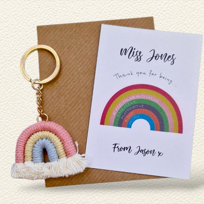 Rainbow Keychain for Teachers Macrame – Appreciation Gift – End of Year Present – Teacher Love Thank You Present - Personalised card