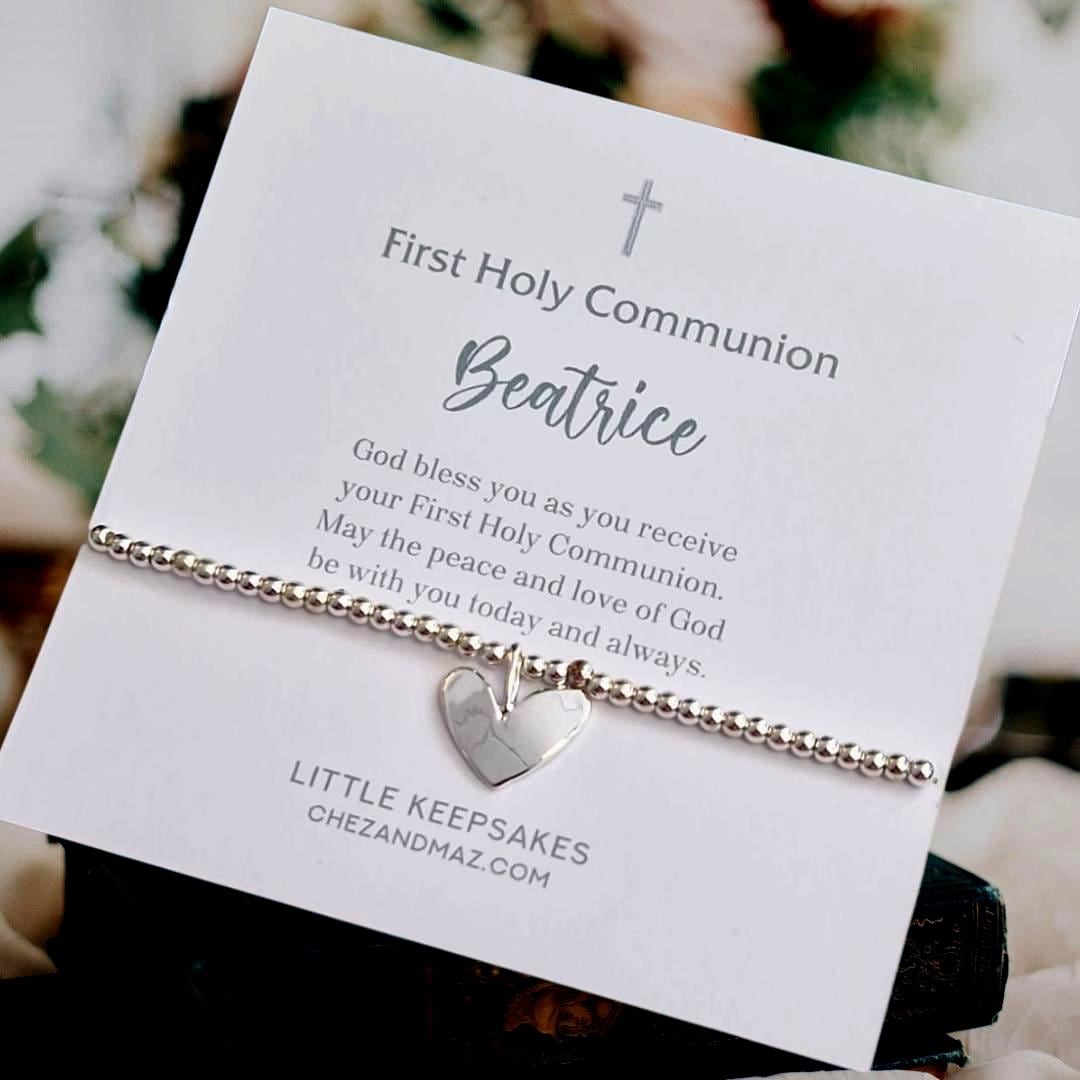 First Holy Communion Bracelet: Silver Plated Heart Charm, Personalised