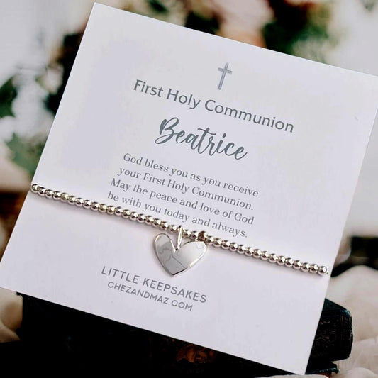 First Holy Communion Bracelet: Silver Plated Heart Charm, Personalised